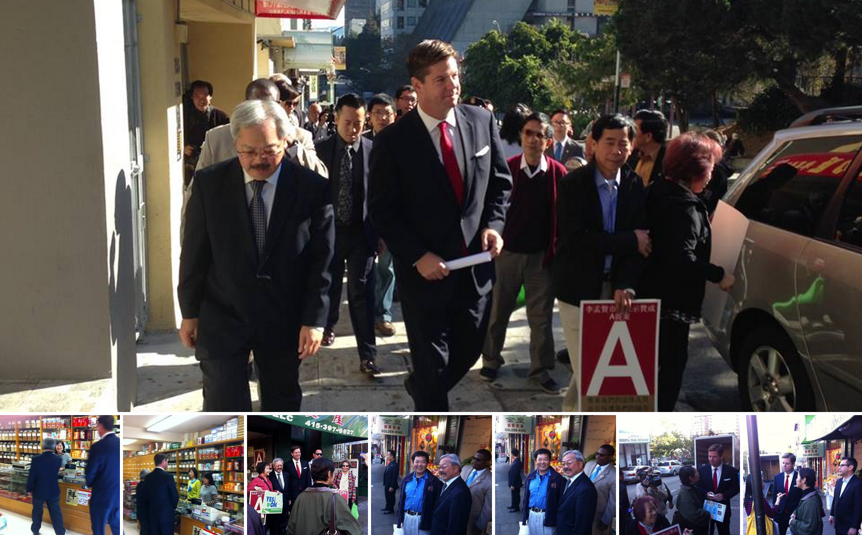 Supervisor Mark Farrell and Mayor Edwin M. Lee hit the streets of Chinatown, speaking to merchants about Yes on A for San Francisco Retirees!