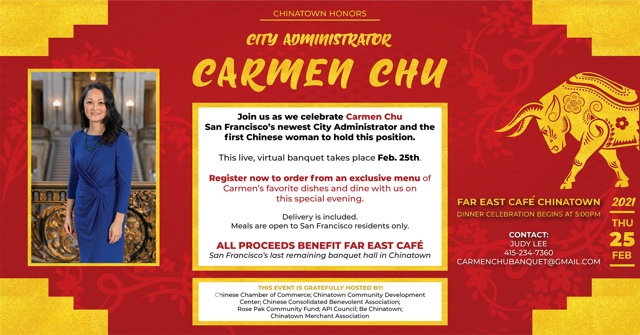 Feb 25: Chinatown Honors: City Administrator Carmen Chu Virtual Banquet