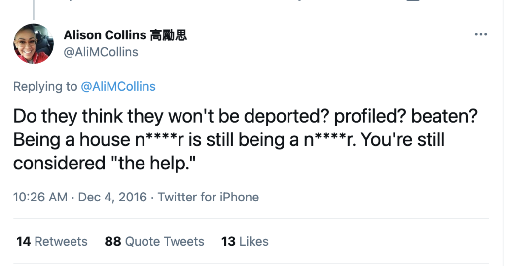 Racist Tweet by @AliMCollins:
Do they think they won't be deported? profiled? beaten? Being a house n****r is still being a n****r. You're still considered "the help."